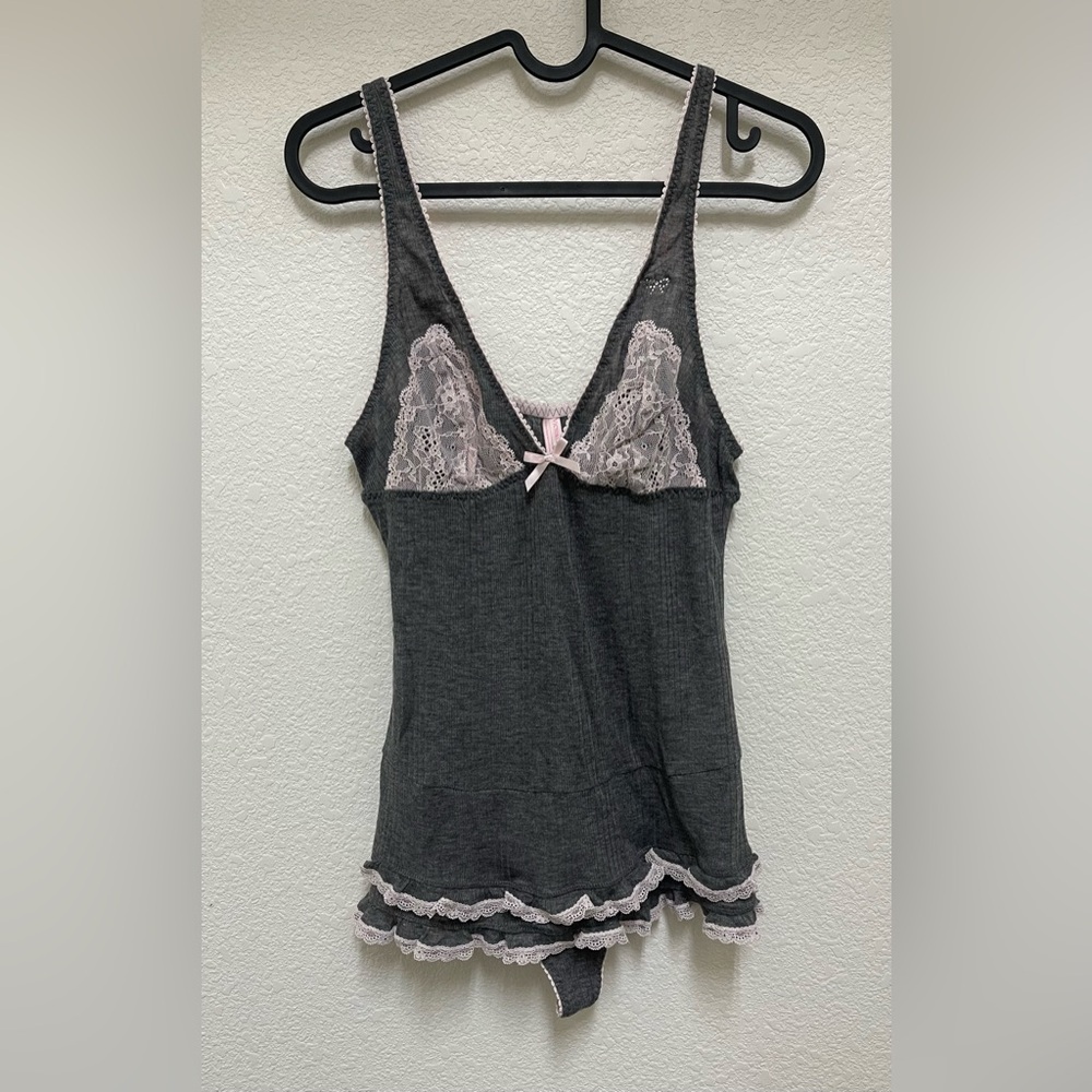VICTORIA’S SECRET Charcoal and Pink Lace Tank Teddy